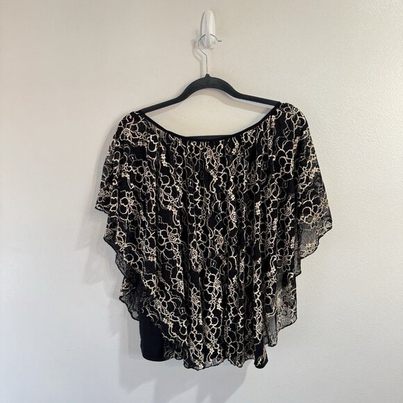 CATO Blouse Shirt L Lace Gold Black Ruffle Chiffon Poncho Holiday Christmas - Picture 5 of 9